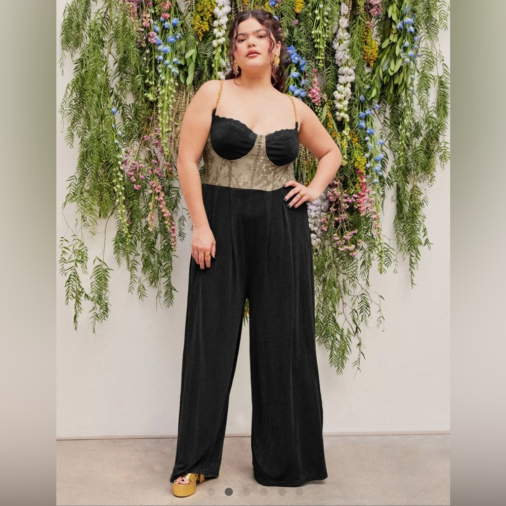 CIDER Solid Lace Corset Chain Cross Wide Leg Jumpsuit Plus Size